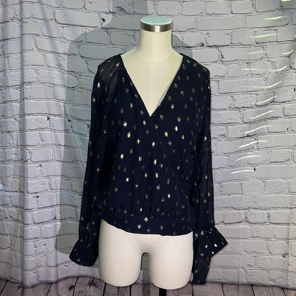 FiveSeventyFive Navy Blue Gold Metallic Silk Wrap Blouse